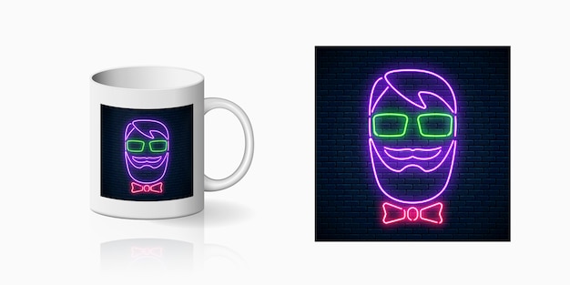 Neon hipster mann drucken auf keramikbecher modell. mann mit bart, brille und fliege helles zeichen auf kaffeetassenseite.