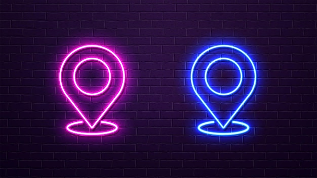 Neon-kartenstecknadelsymbole in blau und hainfarbe auf einer ziegelwand ein konzept für die navigation