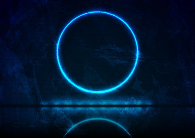 Neon-Kreisrahmen auf dunkelblauem Grunge-Hintergrund Alte leuchtende Wandbetontextur Vektorleuchtendes Design
