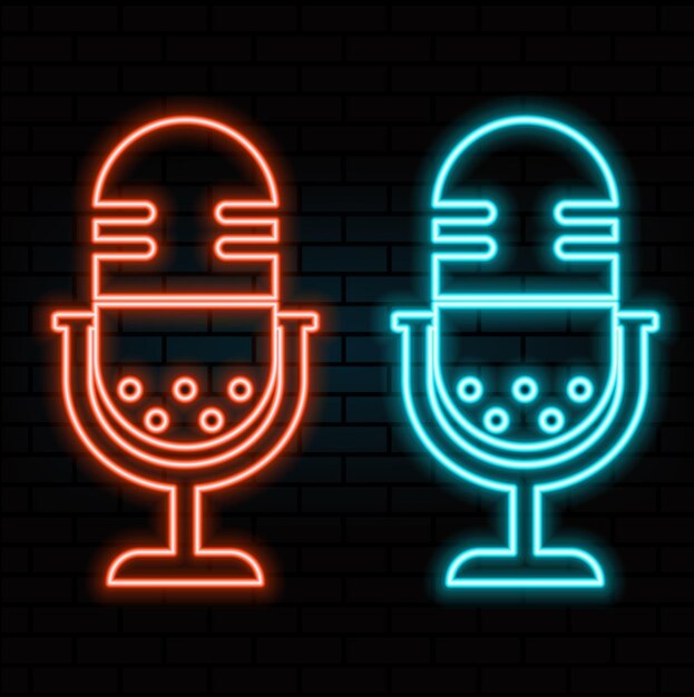 Neon-Mikrofon-Schild Leuchtende Mikrofon-Symbol für Podcast-Stand-up- oder Musik-Show-Emblem Retro-Microfon im Neon-Stil Vektorillustrationorange