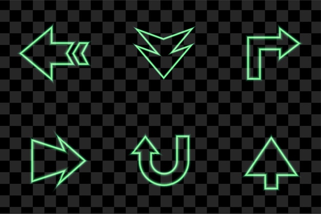 Neon Rechtspfeile grüne Vektorsymbole gesetzt. Realistische leuchtende Zeiger auf transparentem Hintergrund