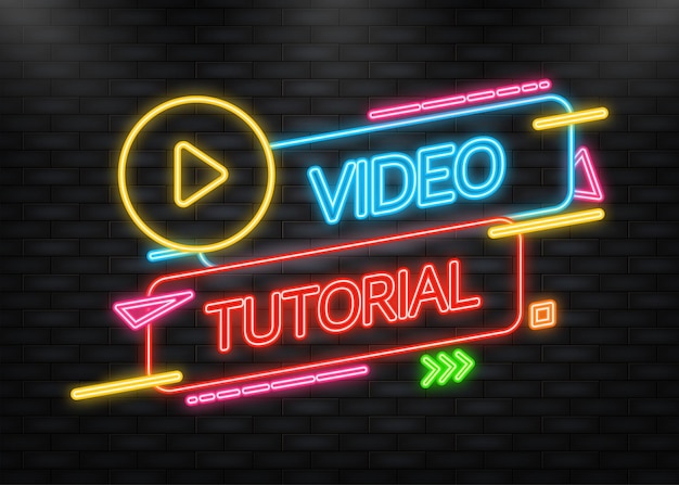 Neon-symbol für video-tutorial auf blauem hintergrund banner für video-tutorial