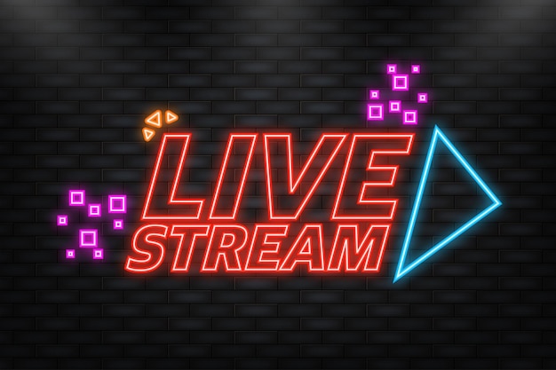 Vektor neon-symbol live-stream-logo rotes vektordesign-element mit play-taste für nachrichten und tv