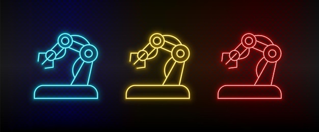 Neon-symbole hand-roboterarm set aus rot-blau-gelbem neon-vektorsymbol auf dunklem hintergrund