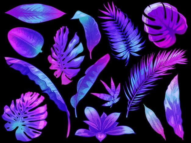 Vektor neon tropische blätter. farbe exotischen baum und pflanzenblatt, bunte handblätter der hand gezeichneten illustrationssatz.