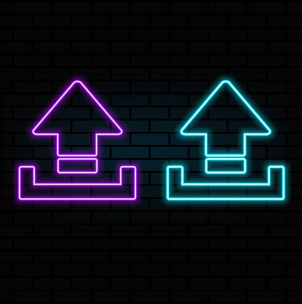 Neon-Upload-Symbol Leuchtendes Neon-Upload-Zeichen Umriss Pfeil Piktogramm in lebhaften Farben Online-Daten speichern, Informationen hochladen, Interaktion mit Dateien Vektor-Icon-Set-Zeichensymbol für UI5