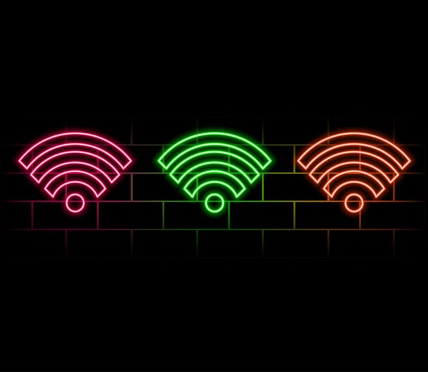 Neon-Wi-Fi-Symbol Leuchtendes Neon-Wii-Fi-Zeichen drahtlose Internettechnologie in lebhaften Farben Wifi-Schaltfläche