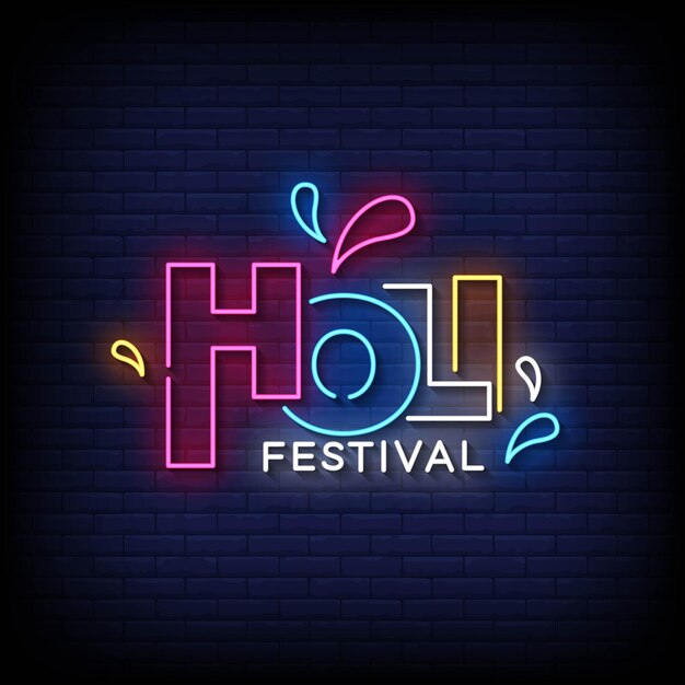 Vektor neon-zeichen für das holi-festival mit backward-vektor auf einer ziegelsteinmauer
