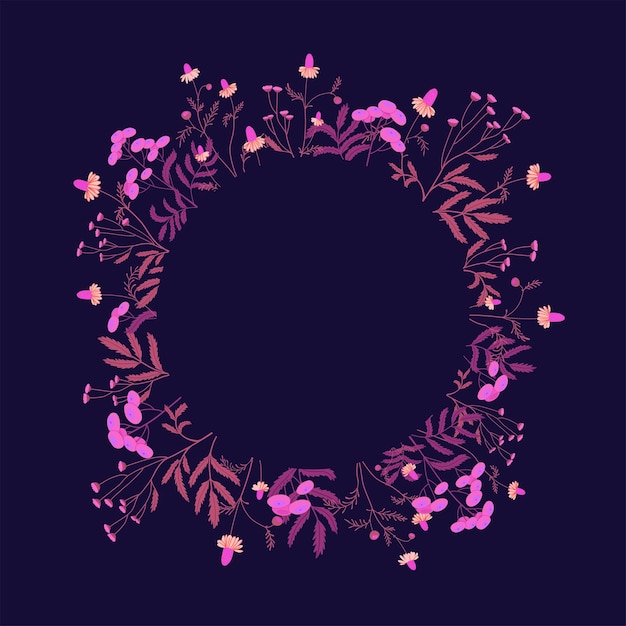Neonblumenrahmen auf einem dunklen hintergrund in den rosa herbstwildblumen