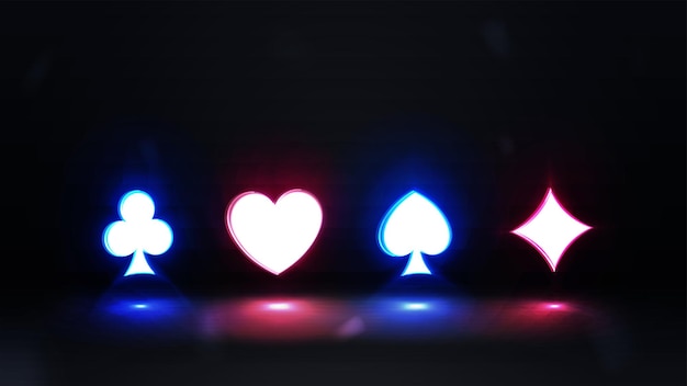 Neonfarbene 3D-Symbole, Kartenspiel auf schwarzem Hintergrund. Kartenanzüge, Poker, Blackjack, Neonsymbole. Leuchtendes Casino-Schild