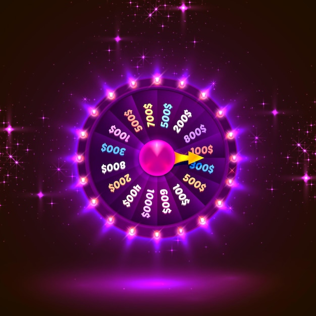 Neonfarbenes glücksrad. lila hintergrund. vektor-illustration
