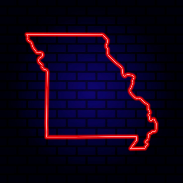 Neonkarte des Bundesstaates Missouri auf Backsteinmauerhintergrund