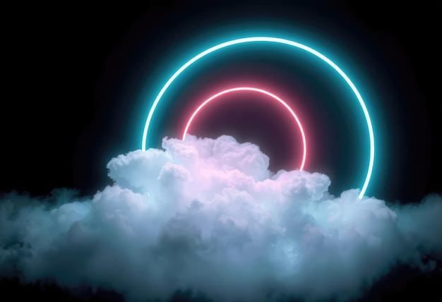 Neonkreise mit Wolke auf schwarzem Hintergrund