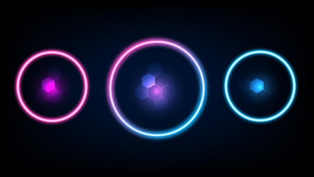 Neonkreisrahmen mit Farbverlauf und Polygon-Neon insild. Rosa und blau gefärbte leere Vorlagen isoliert