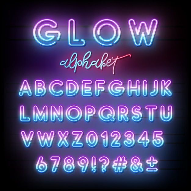 Vektor neonlicht alphabet. multicolor leuchtende schrift.
