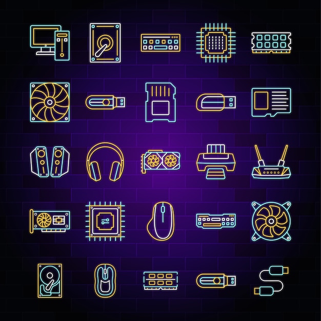 Neonlicht computer hardware icon set