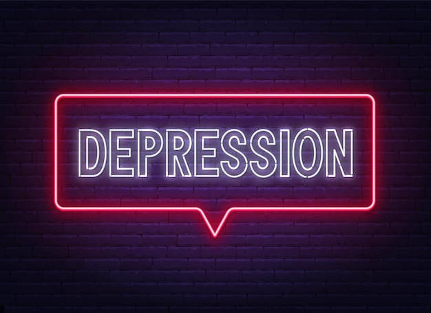 Vektor neonschild der depression auf backsteinmauerhintergrund.