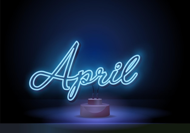 Neonsymbol für aprilmonatsnamen mit bunt leuchtendem neonzeichenvektorillustration april auf einem stand...