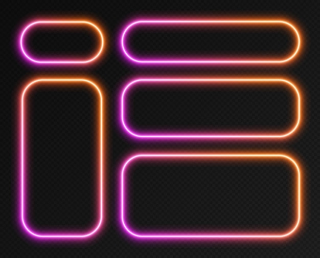 Neonverlaufsrahmen gesetzt, Sammlung von rosa-orange leuchtenden abgerundeten Rechteckrändern lokalisiert auf einem dunklen Hintergrund. Bunte Nachtbanner, hell beleuchtete Formen, Lichteffekt im Retro-Stil.