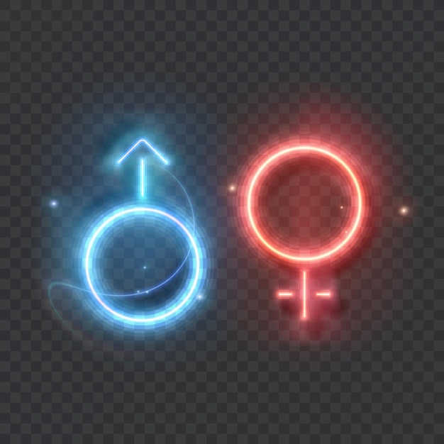 Neonzeichen von venus und mars, männliches und weibliches neonzeichen. geschlechtssymbol auf dunklem hintergrund, vektorformat