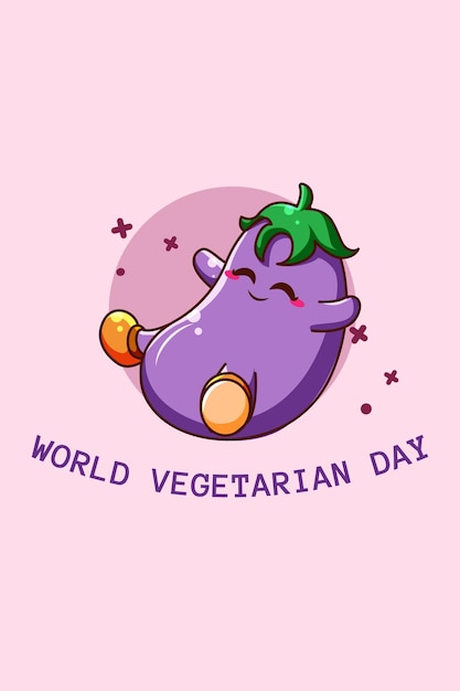 Nette aubergine in der weltvegetariertageskarikaturillustration