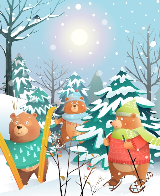 Nette bären, die an einem sonnigen winterweihnachtstag im wald ski fahren. weihnachtsgrußkarte für kinder. frohe weihnachten aquarell stil postkarte vektorgrafik.