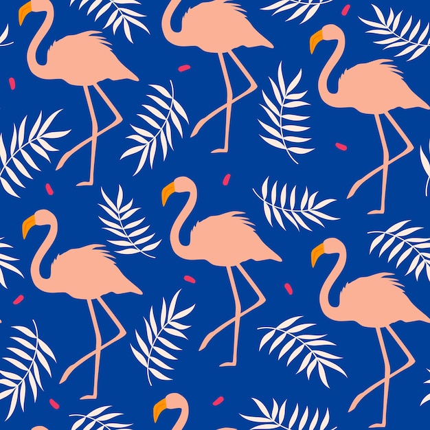 Nette bunte nahtlose Vektormusterillustration mit Flamingos und Blättern auf blauem Hintergrund