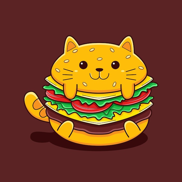 Nette burger-katzenillustration mit flachem karikaturstil.