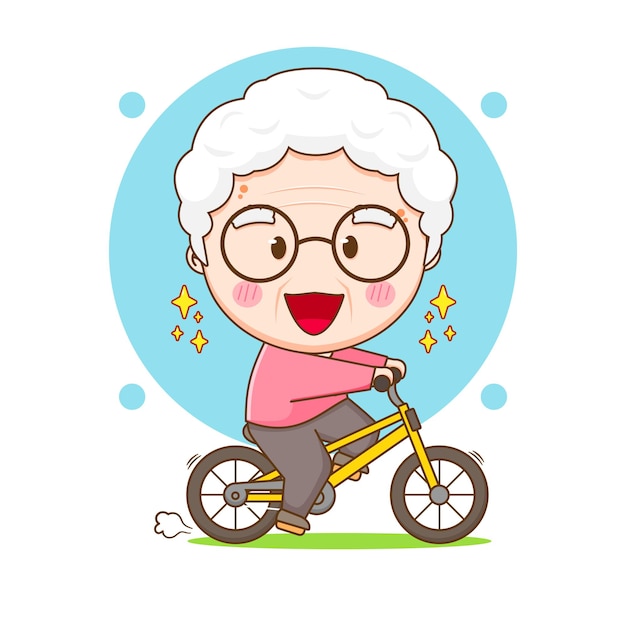 Nette chef-oma auf fahrrad-chibi-charakterillustration