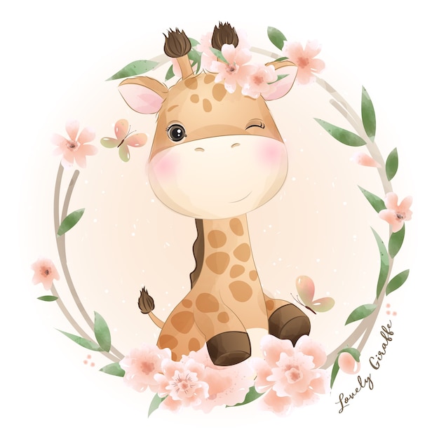 Nette gekritzelgiraffe mit blumenillustration