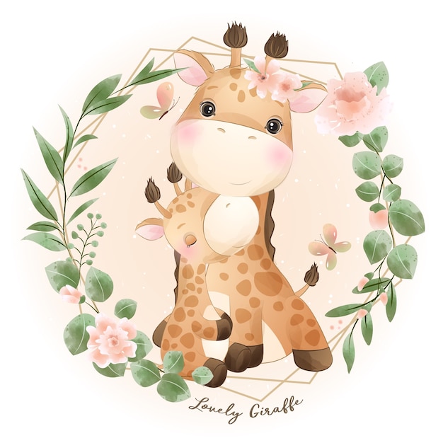 Nette gekritzelgiraffe mit blumenillustration