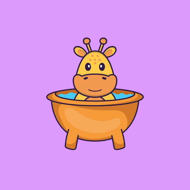 Nette giraffe, die ein bad in der badewanne nimmt. tierkarikaturkonzept isoliert.