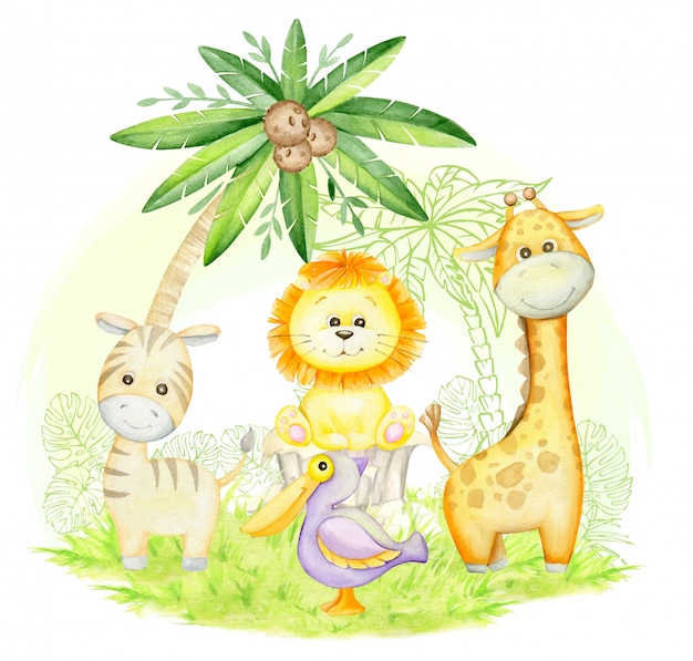 Nette Giraffe, Zebra, Löwenbaby, Pelikan, unter einer Palme. Nette tropische Tiere im Karikaturstil. Aquarellkonzept.
