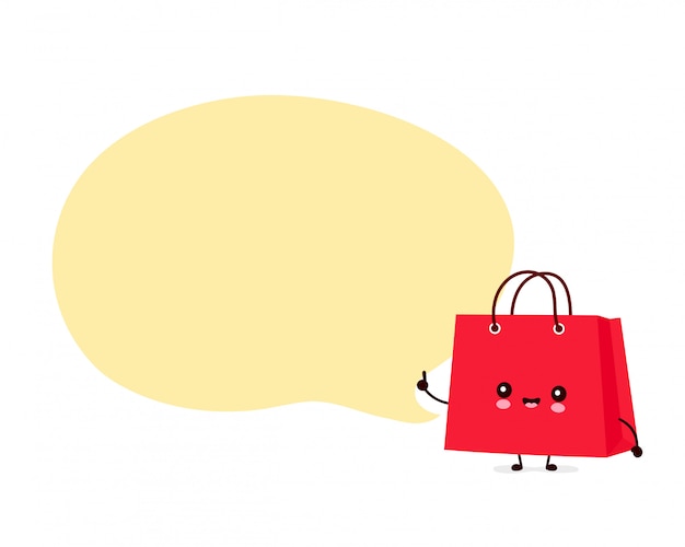 Vektor nette glückliche lustige einkaufstaschen mit sprechblase. cartoon charakter illustration icon design.isolated
