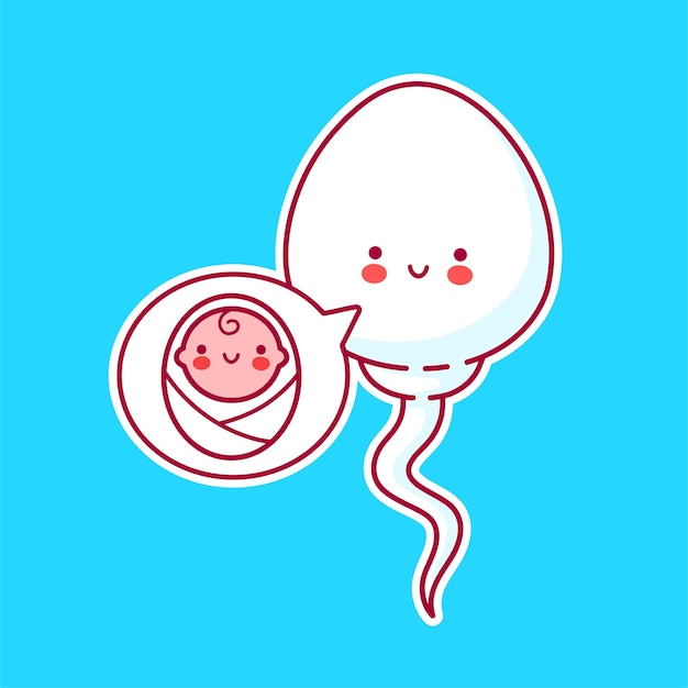 Nette glückliche lustige samenzelle und baby in der sprechblase. linie karikatur kawaii charakter illustration symbol. düngungskonzept