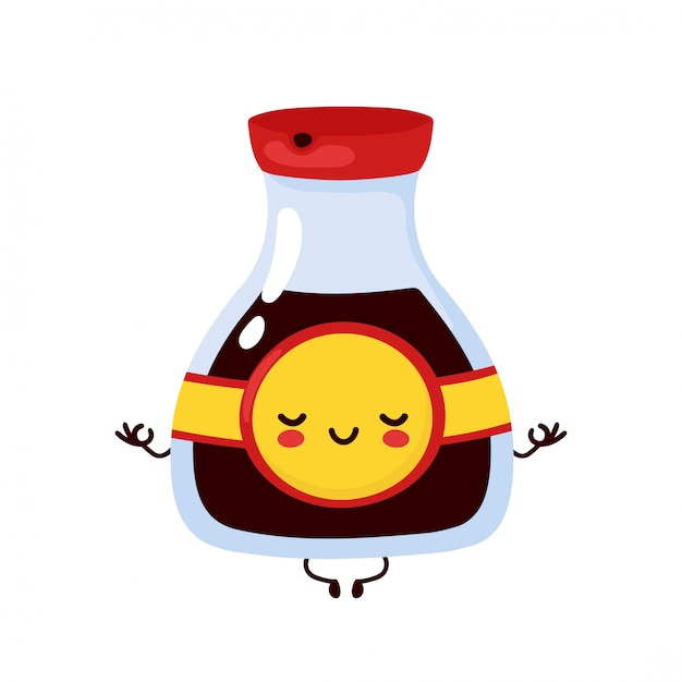 Nette glückliche lustige Sojasauceflasche meditieren. Cartoon Charakter Illustration Icon Design.Isolated