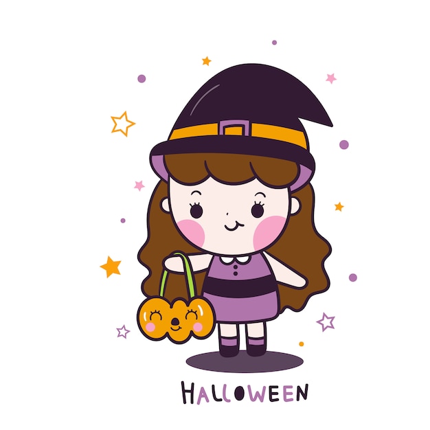 Nette Halloween-Mädchenkarikatur, die Kürbiseimerkarikatur hält