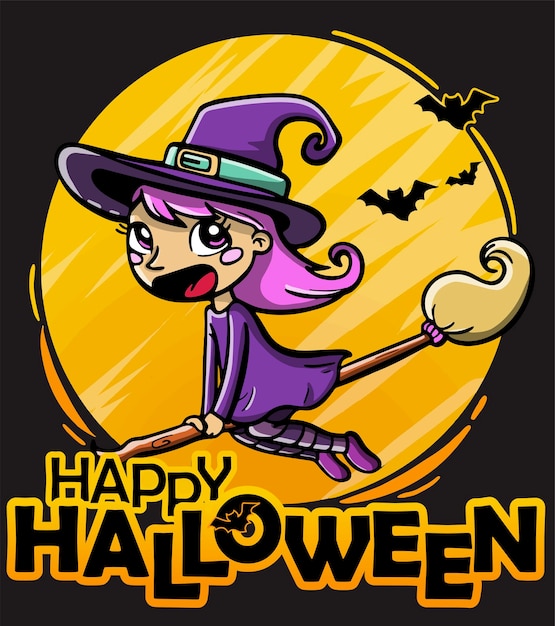 Nette Hexe fliegt auf einer Besenvektorillustration für Halloween