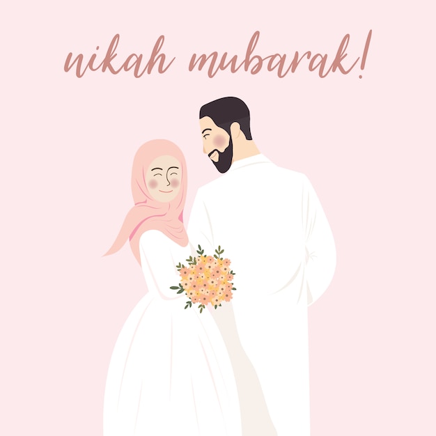 Nette hochzeit muslimisches paar porträt illustration, nikah mubarak grüße, walima save the date mit rosa hintergrund