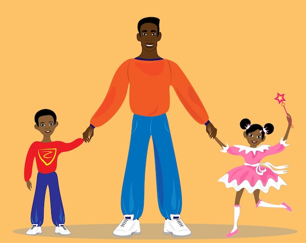 Nette Illustration eines glücklichen afrikanischen Vaters mit Kindern Glücklicher Vater hält die Hände seiner fröhlichen Kinder Tochter und Sohn Vater brachte sie in einen Vergnügungspark