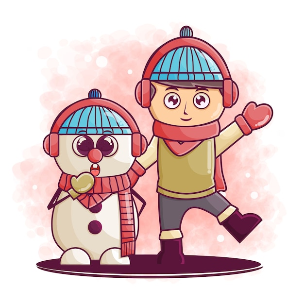 Nette jungen- und schneemannkarikaturcharakterillustration