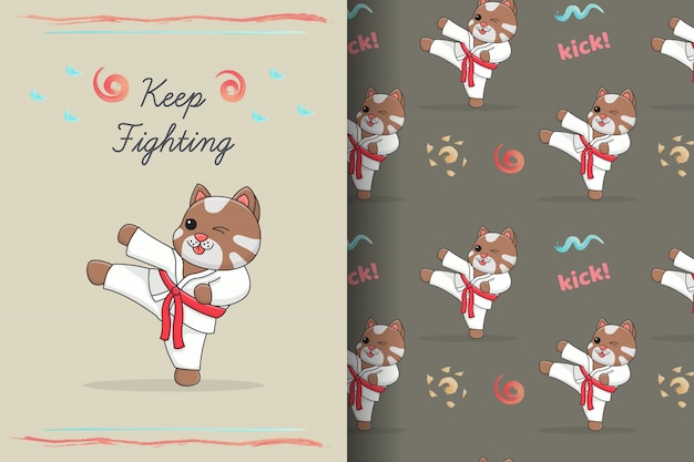 Nette karatekatze, die nahtloses muster und karte tritt