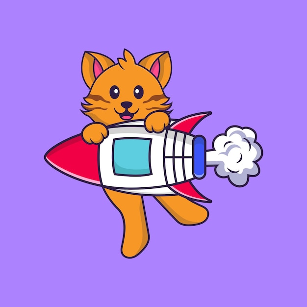 Nette katze, die auf rakete fliegt tierkarikaturkonzept isoliert