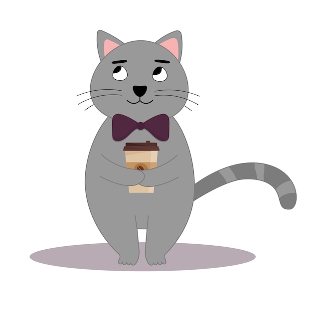 Vektor nette katze, die eine tasse kaffee hält flache vektorillustration