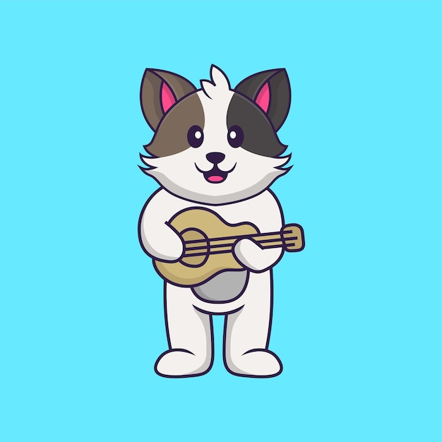 Nette katze, die gitarre spielt. tierkarikaturkonzept isoliert. flacher cartoon-stil