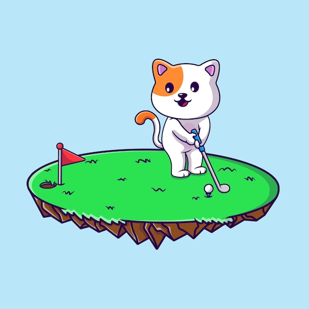 Nette katze, die golf auf gras-karikatur-vektor-ikonen-illustration spielt