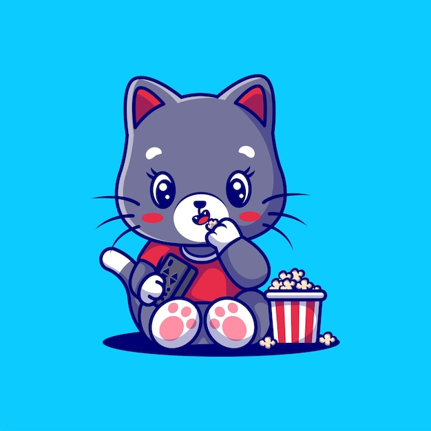 Nette katze, die popcorn isst, das auf blau lokalisiert wird