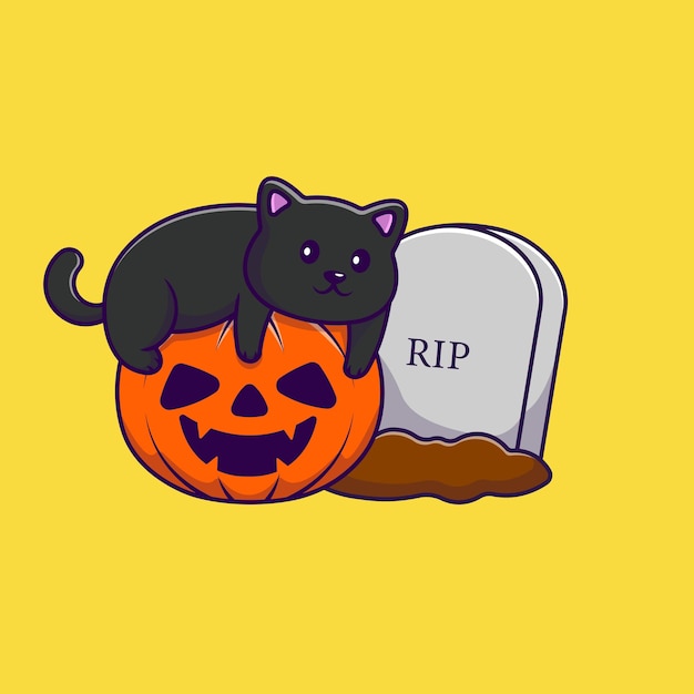 Nette katze mit kürbis-halloween und mutiger karikatur-vektor-ikonen-illustration