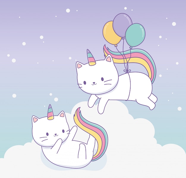 Nette katze mit regenbogenendstück und ballonhelium kawaii charakter