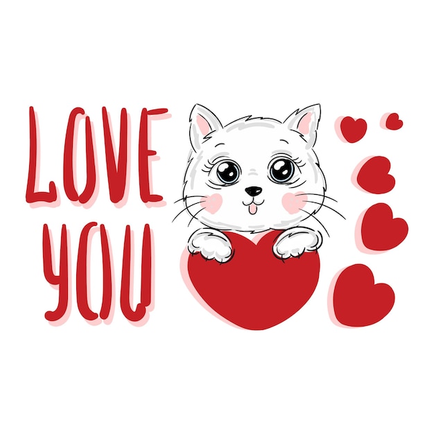 Nette Katze mit Slogantext Liebe dich und roten Herzen Vektordruck und Beschriftungsvorratillustration